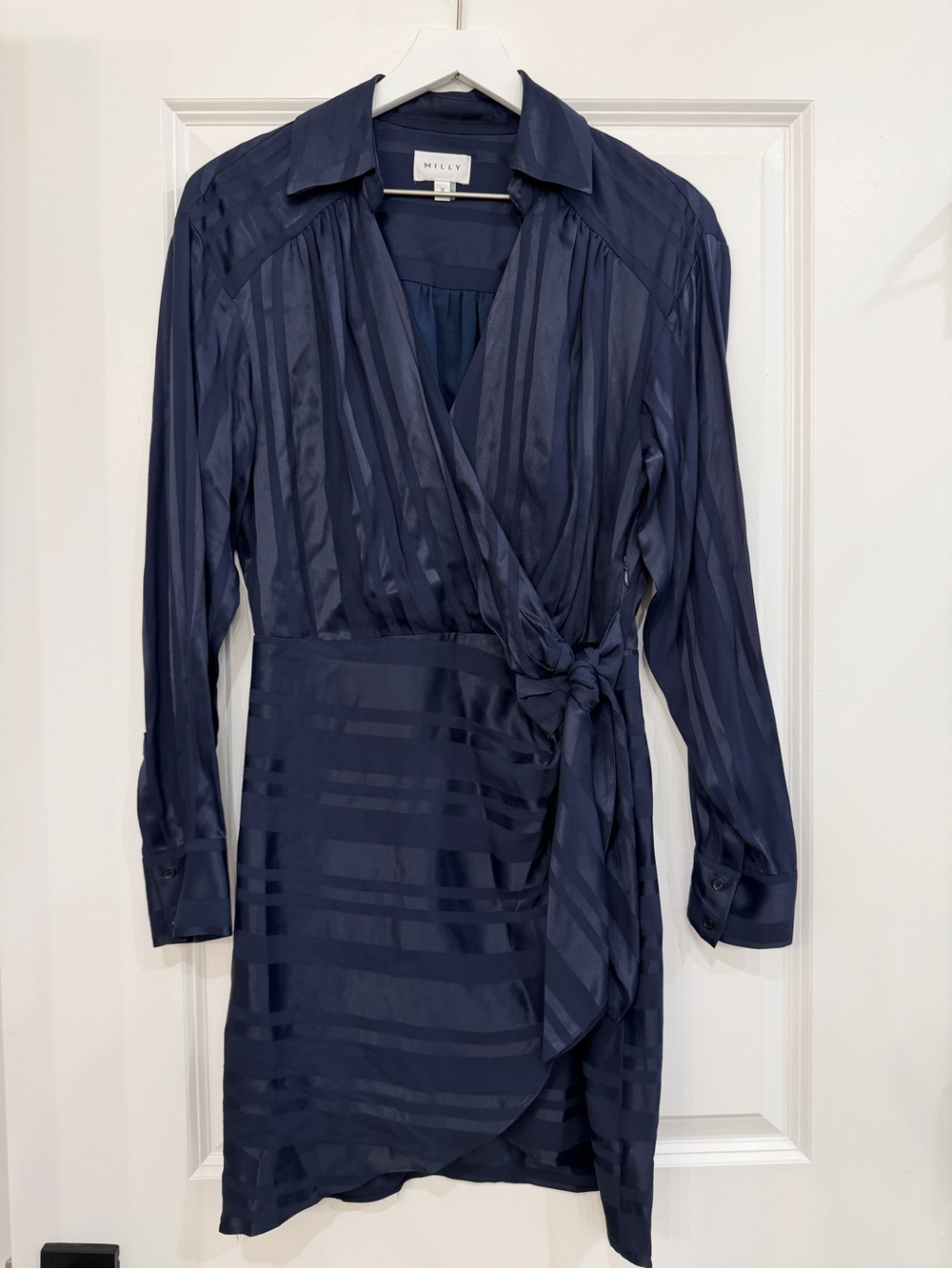 MILLY Jordan Navy Striped Satin Faux Wrap Dress Size M